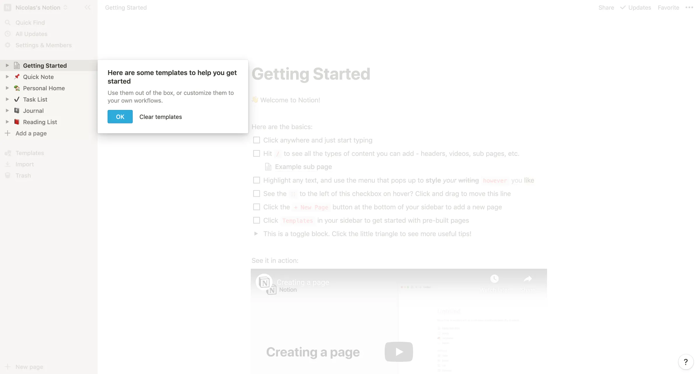 Notion template clearable